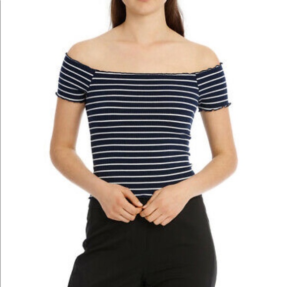 BARDOT Lea Grey Stripe Off Shoulder Stripe Top - Picture 3 of 6